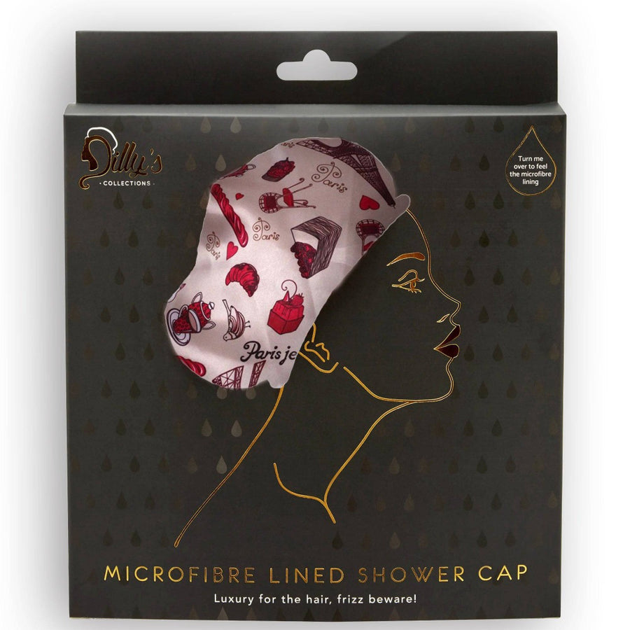 Je T'aime Print Shower Cap - Microfibre lined  - Dilly's Collections -  Hair Beauty and Lifestyle Products Australia