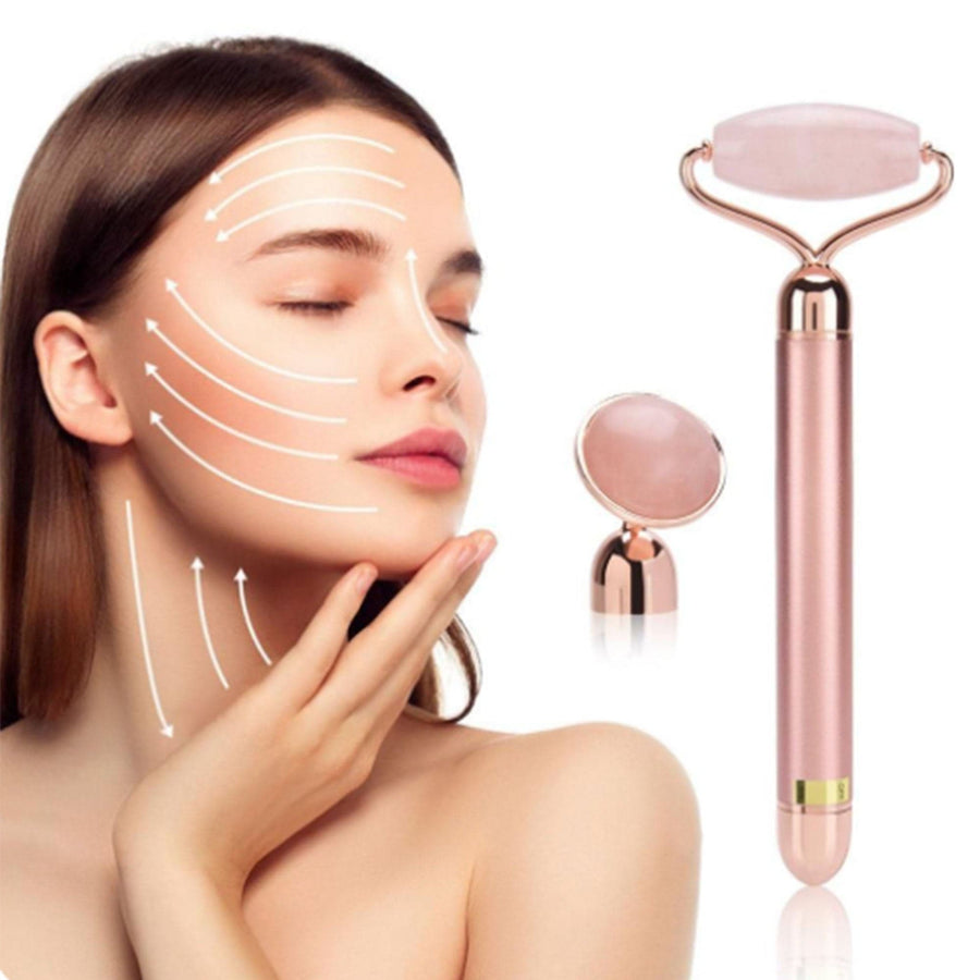 Facial Roller - Rose Quartz - 2-in-1 Vibrating - Battery - Dilly's Collections -  Hair Beauty and Lifestyle Products Australia